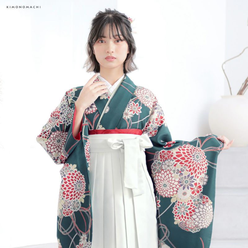 卒業式袴3点セット 小紋柄 二尺袖 着物 刺繍袴 レトロモダン