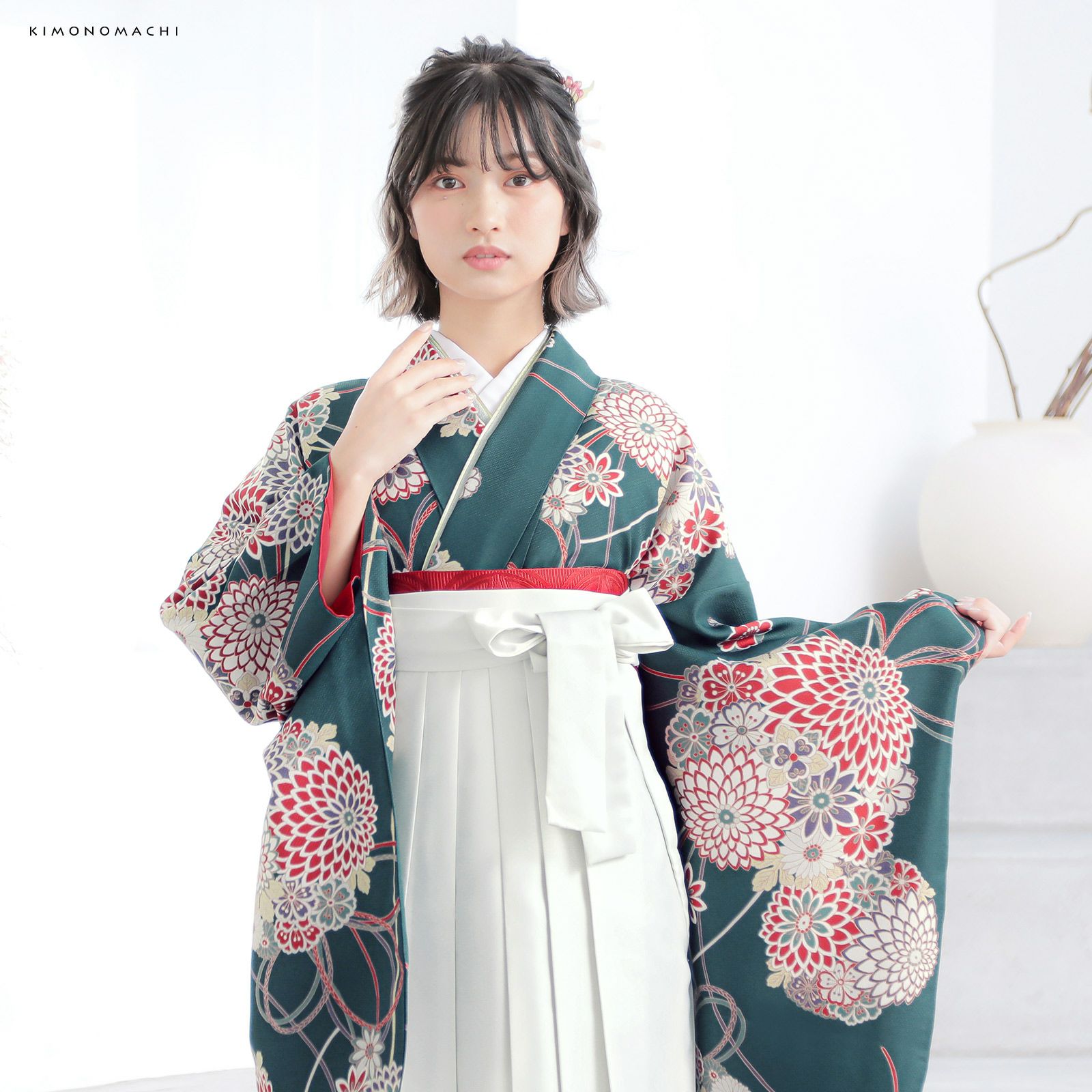 袴 セット 卒業式 女性 4点セット「二尺袖：花くす玉 青緑色＋袴 