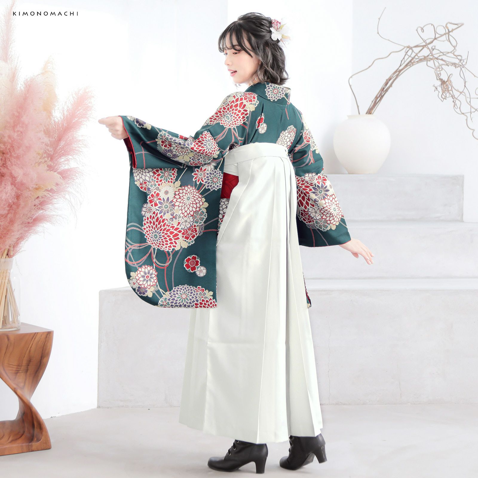 袴 セット 卒業式 女性 4点セット「二尺袖：花くす玉 青緑色＋袴 
