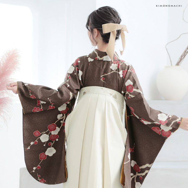 袴 セット 卒業式 女性 4点セット「二尺袖：梅が枝 焦茶色＋袴：オフ 