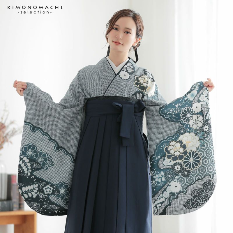 袴 セット 卒業式 女性 4点セット「二尺袖：藍色 菊牡丹に疋田＋袴 