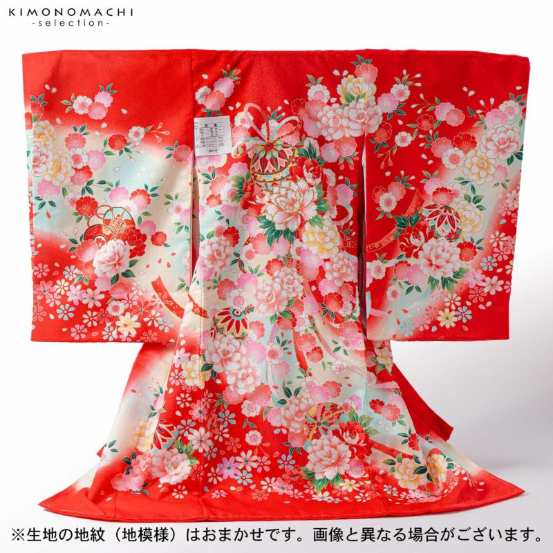 女の子のお宮参り産着 祝い着「赤 鞠と花束」一つ身 一ツ身 初着