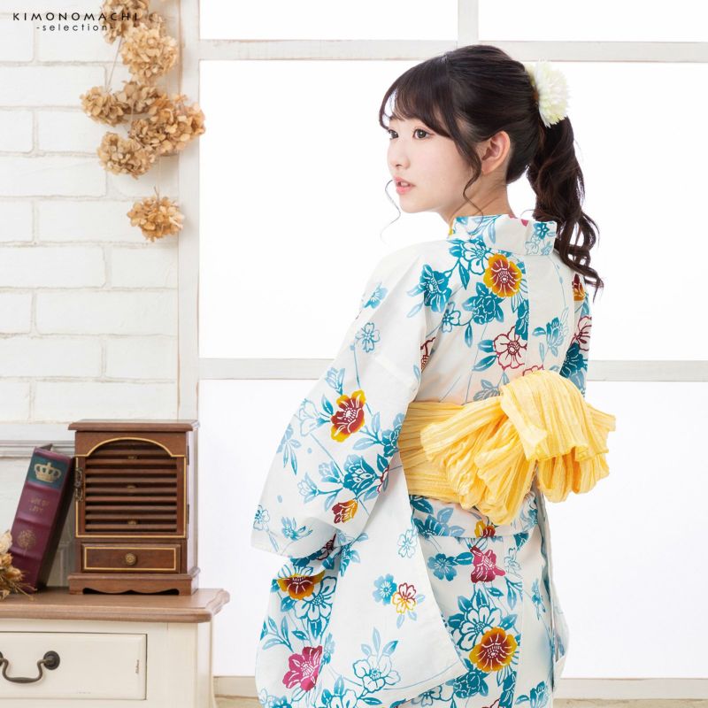 浴衣 子供 女の子 子供浴衣 単品「白地 浅葱色、露芝に椿」110cm