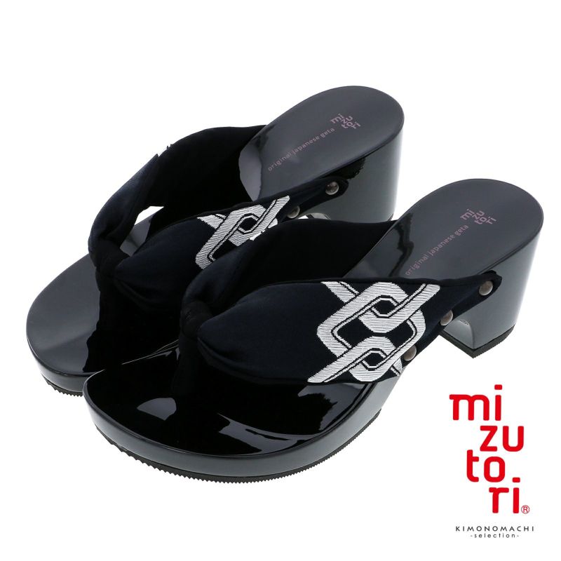 mizutori 下駄 レディース「hitete 吉原つなぎ/黒・黒 KCB-18」みずとり 水鳥 女性下駄単品 日本製 足が痛くなりにくい 履き心地の良い下駄 女下駄 女性 浴衣・夏着物に 浴衣下駄