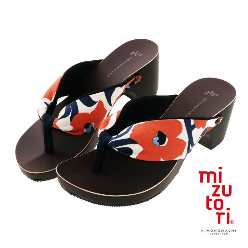 mizutori 下駄 レディース「hitete ビッグフラワー・朱/黒・紺 KCL-19」みずとり 水鳥 女性下駄単品 日本製 足が痛くなりにくい 履き心地の良い下駄 女下駄 女性 浴衣・夏着物に 浴衣下駄