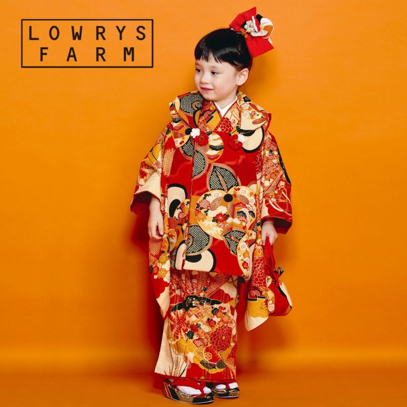 七五三 着物 3歳 女の子 ブランド被布セット LOWRYS FARM「赤丹色 橘、檜扇」三歳女児被布セット 子供着物 フルセット 三才のお祝い着 3才向け【メール便不可】  | 京都きもの町