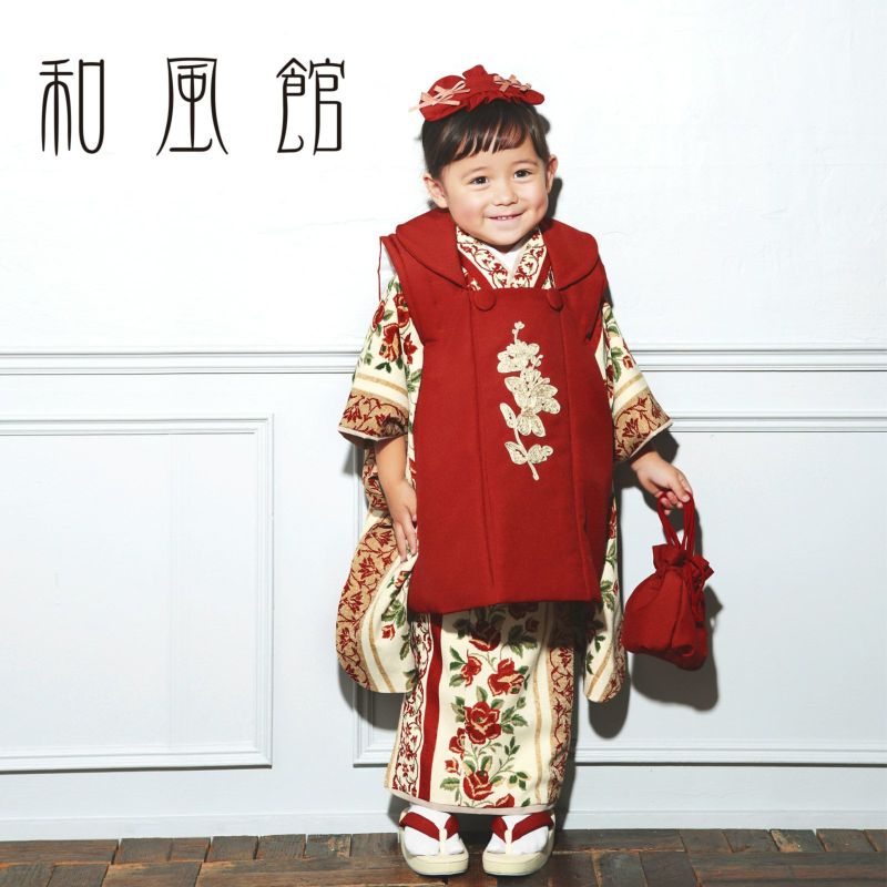 七五三 着物 3歳 女の子 ブランド被布セット 和風館「赤紅色　ステッチ調バラ」三歳女児被布セット 子供着物 フルセット 三才のお祝い着 3才向け