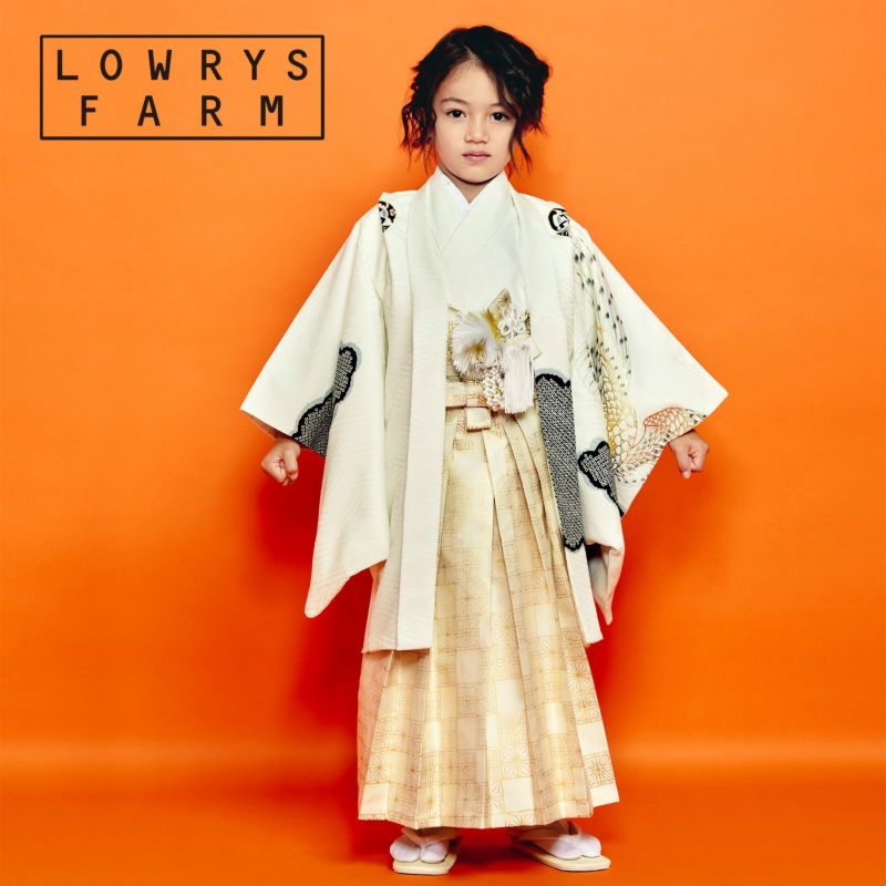 七五三 着物 男の子 5歳 ブランド 羽織袴セット LOWRYS FARM「白地　雲に白鷹」フルセット 5歳向け 5才 五歳 男児用 着物セット 子供着物 五才のお祝い着【メール便不可】