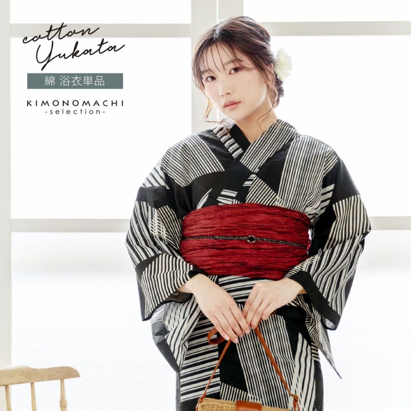 浴衣 レディース 女性浴衣単品 「黒地　縞短冊」綿浴衣 プレタ浴衣 お仕立て上がり浴衣 大人浴衣 Fサイズ 女性用 女性浴衣 ゆかた