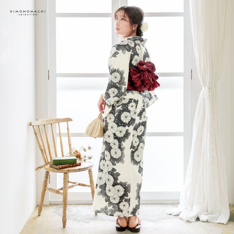 浴衣 レディース 女性浴衣単品 「アイボリー 墨色、連菊」綿浴衣