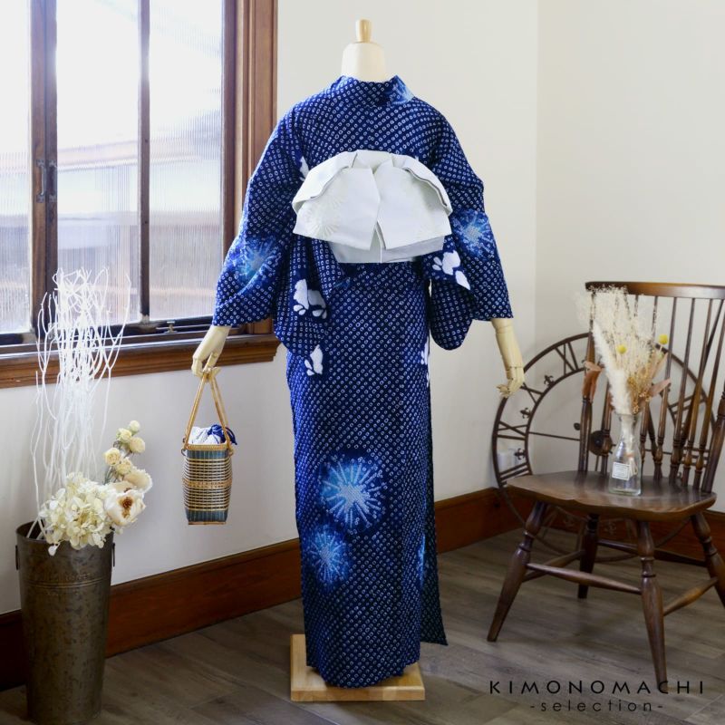 お仕立て上がり絞り浴衣単品「夢はなび 紺ブルー」有松絞り 女性