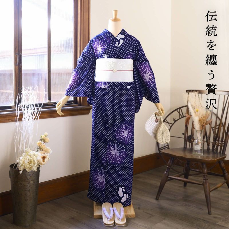 ゆりのはな未使用品絞り浴衣有松絞り手蜘蛛絞り総絞り紺色綿C904