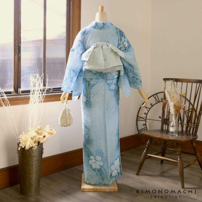 お仕立て上がり絞り浴衣単品「三浦牡丹 水色」有松絞り 女性浴衣