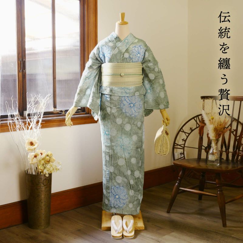 お仕立て上がり絞り浴衣単品「水玉と花 グレー」有松絞り 女性