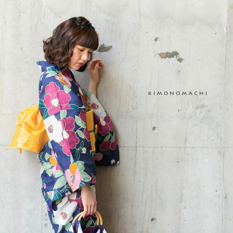 浴衣 レディース 単品「椿 紺」3L/4L 大きいサイズ KIMONOMACHI