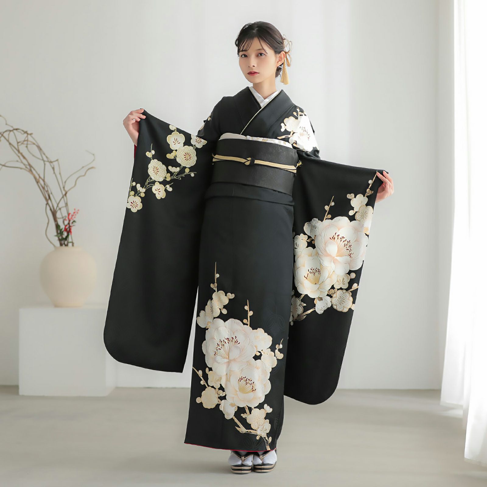 未仕立て 振袖 22点セット「黒 白梅」仮絵羽 振り袖 正絹 着物 
