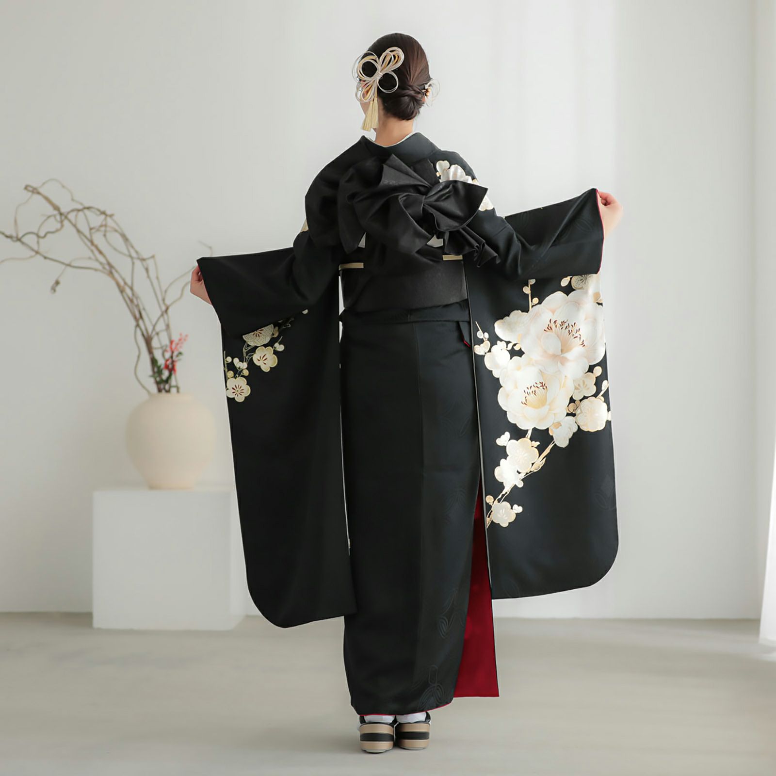 未仕立て 振袖 22点セット「黒 白梅」仮絵羽 振り袖 正絹 着物 
