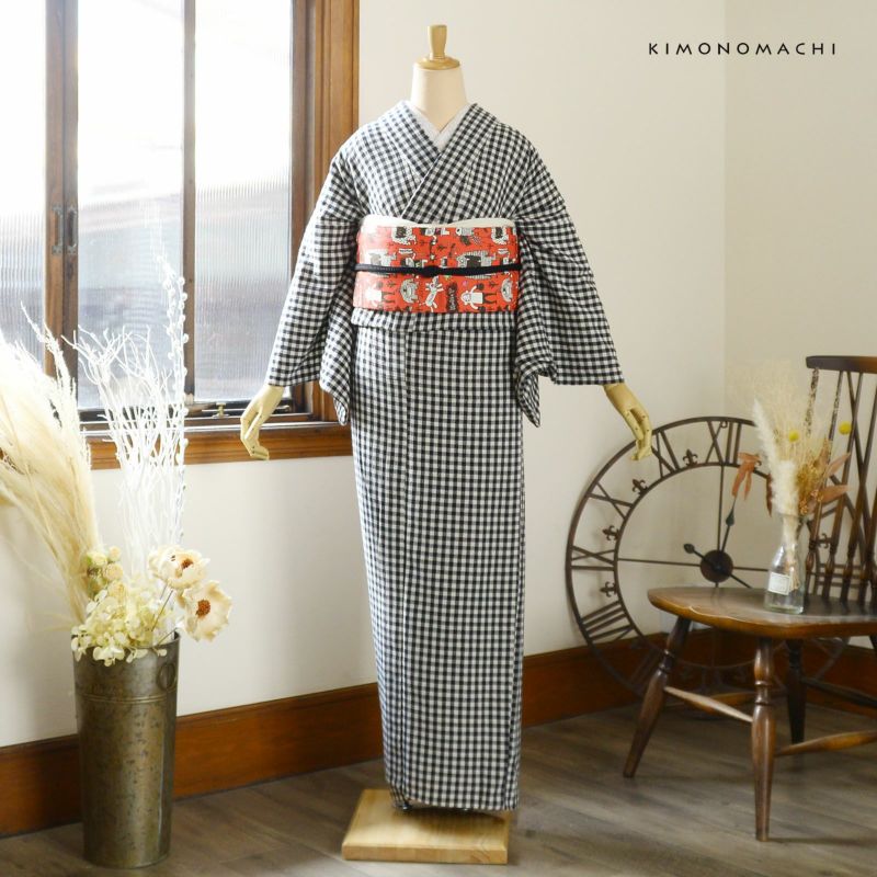 洗える着物 木綿着物と木綿名古屋帯の2点セット「木綿着物：黒