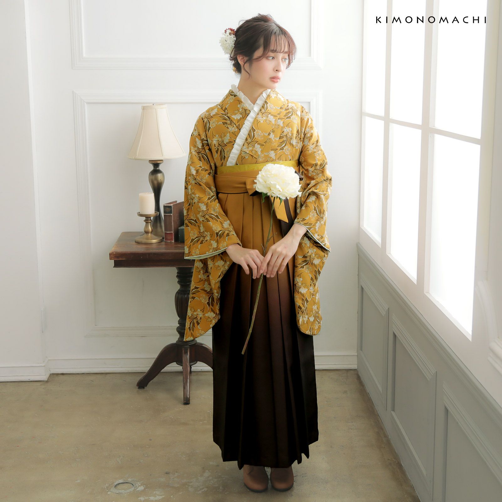 袴 セット 卒業式 女性 4点セット「二尺袖：黄土色 ジャガード織 