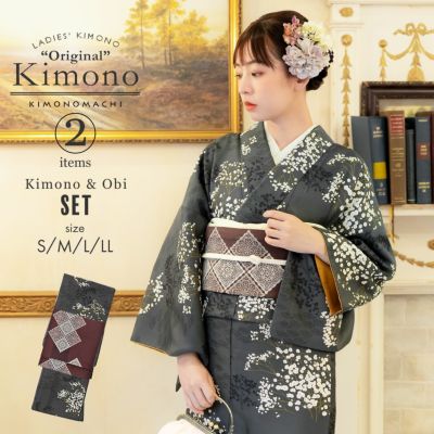 洗える着物 セット「袷着物：かすみ草に青海波墨色＋京袋帯：焦茶色　スクエアレース」KIMONOMACHI オリジナル 着物と帯の2点セット サイズS/M/L/LL 2024-2025新作 コーディネート済み着物セット 小紋 レディース キ