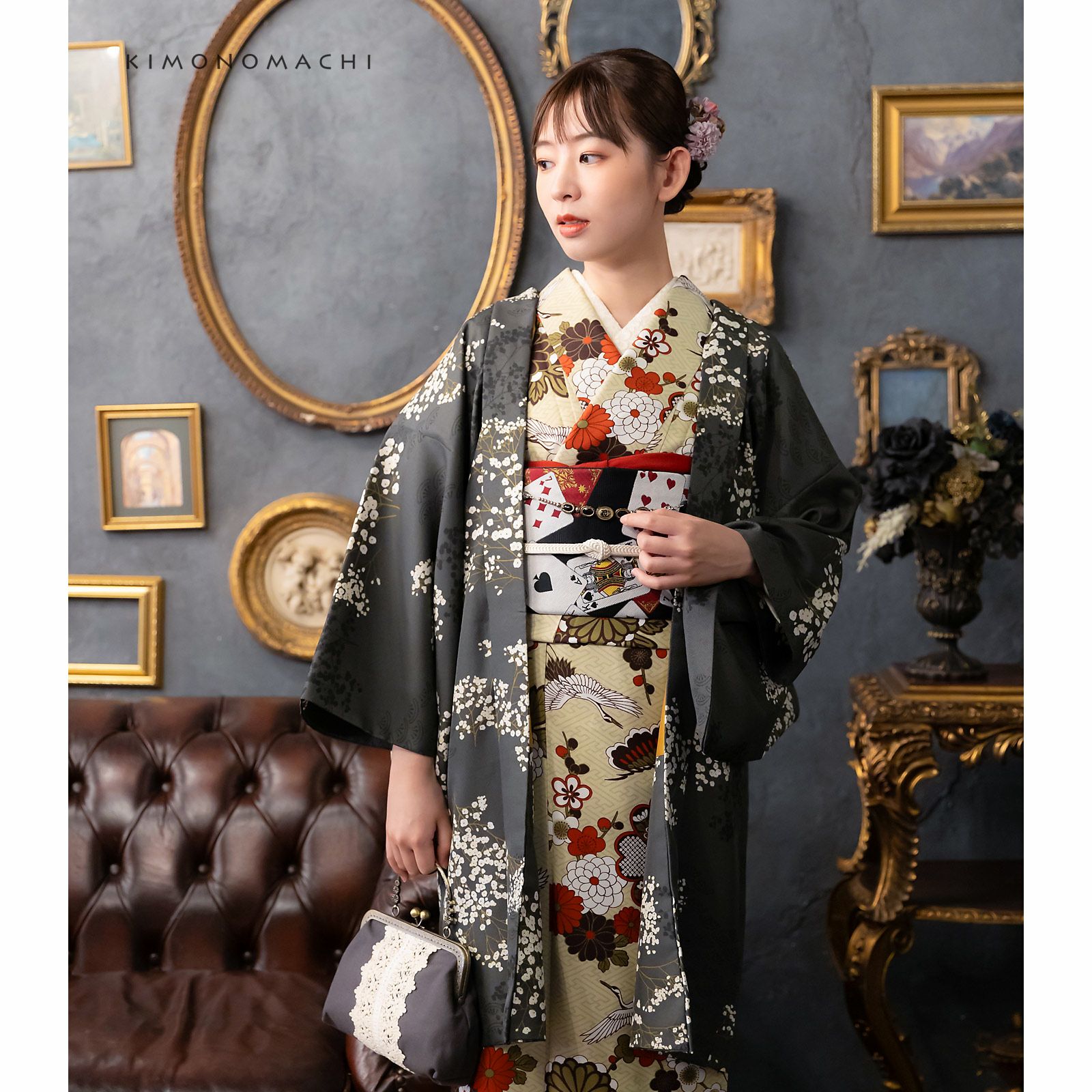 洗える着物10％OFF4/3迄)洗える着物 セット「袷着物：鶴と花紋に紗綾形 