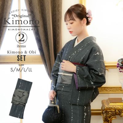 洗える着物 セット「袷着物：星くずに七宝墨黒＋京袋帯：薄暮の灰猫」KIMONOMACHI オリジナル 着物と帯の2点セット サイズS/M/L/LL 2024-2025新作 コーディネート済み着物セット 小紋 レディース キモノ【メール便不