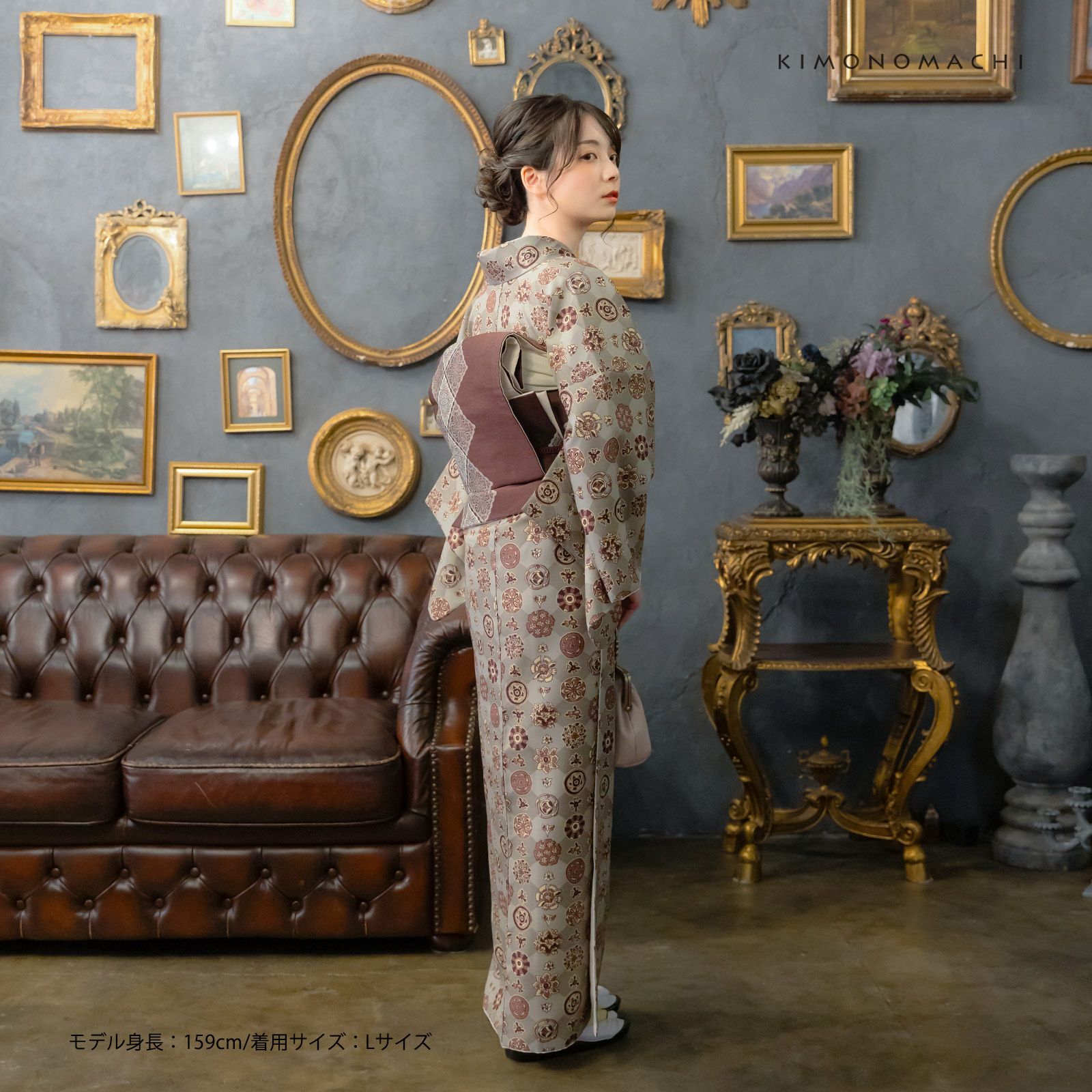 洗える着物 セット「袷着物：丸花更紗に菱灰釉色＋京袋帯：焦茶色 