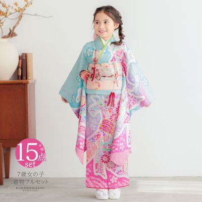 総絞り着物セット　七五三　7歳　総絞り　正絹　お誂え品　美品　フルセット ☆sold out☆ 7歳 レトロ正絹総絞り朱色御所車 七五三 お着物