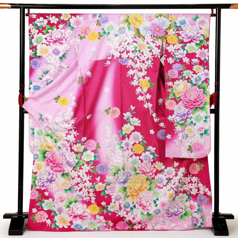 【中古品】仕立て上がり 振袖「花尽くし　つつじ色」貸衣装処分 レンタル処分品 成人式