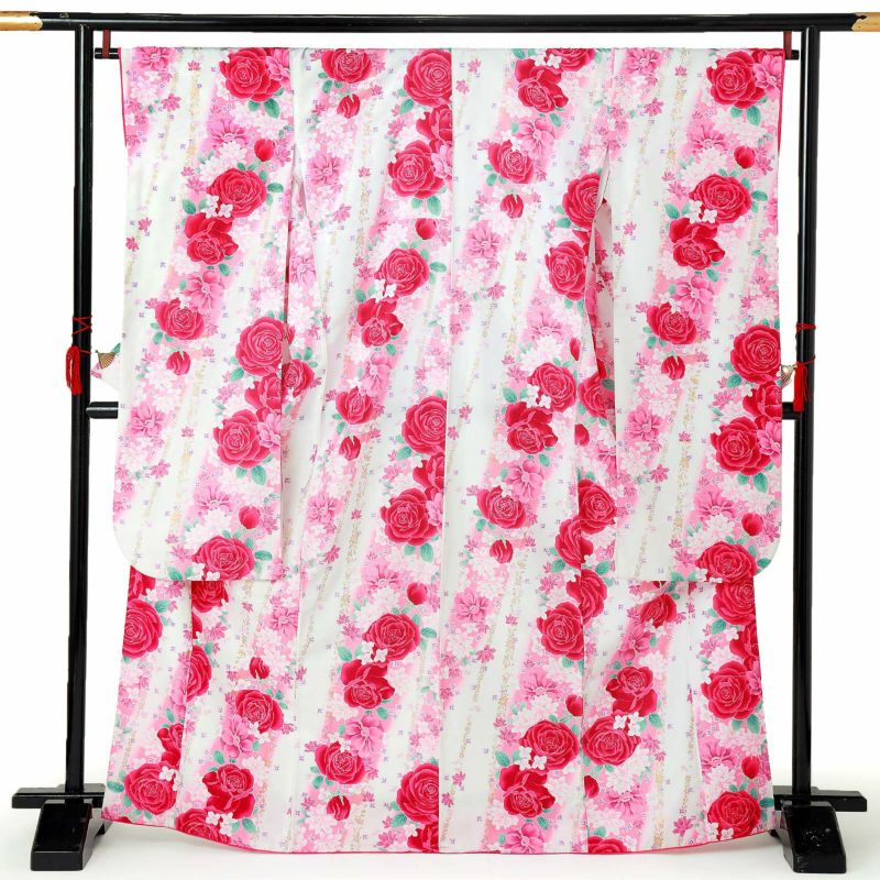 【中古品】仕立て上がり 振袖「斜め縞　薔薇と小花　象牙色地にピンク」貸衣装処分 レンタル処分品 成人式