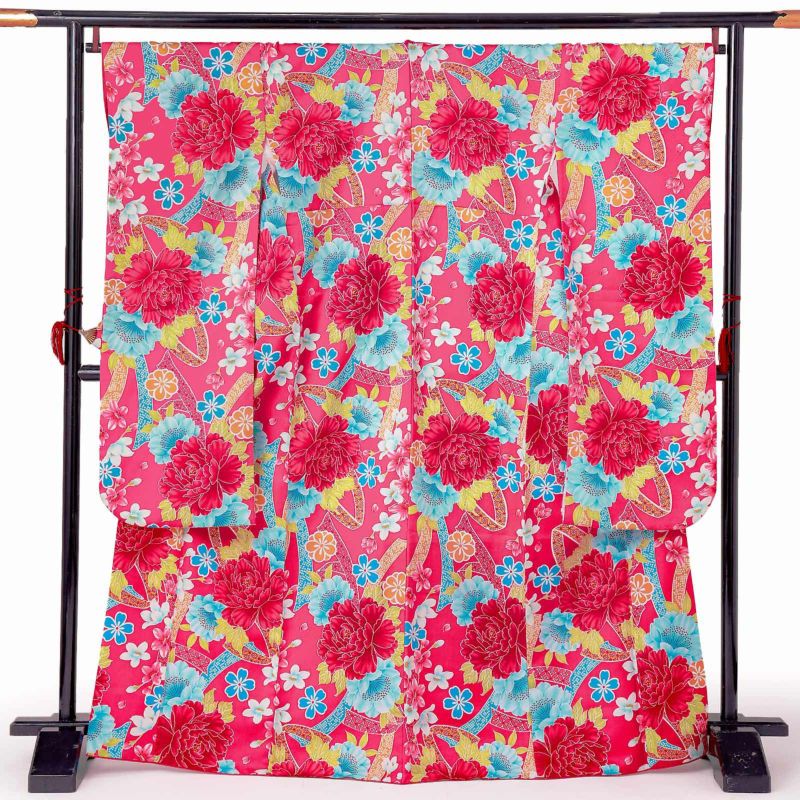 【中古品】仕立て上がり 振袖「熨斗に牡丹と桜　紅赤色」貸衣装処分 レンタル処分品 成人式