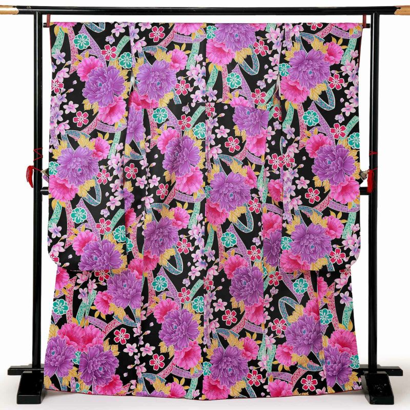 【中古品】仕立て上がり 振袖「熨斗に牡丹と桜　黒」貸衣装処分 レンタル処分品 成人式
