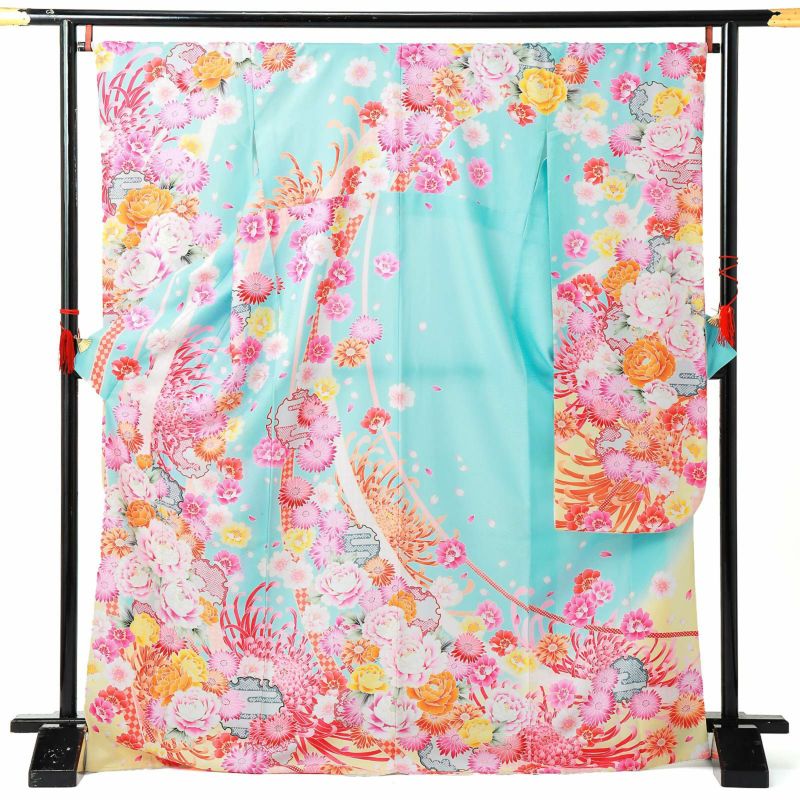 【中古品】仕立て上がり 振袖「糸菊 牡丹 熨斗 雪輪　水色地」貸衣装処分 レンタル処分品 成人式