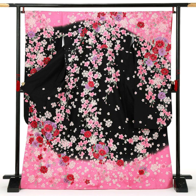 【中古品】仕立て上がり 振袖「夜桜　黒　ピンク」貸衣装処分 レンタル処分品 成人式