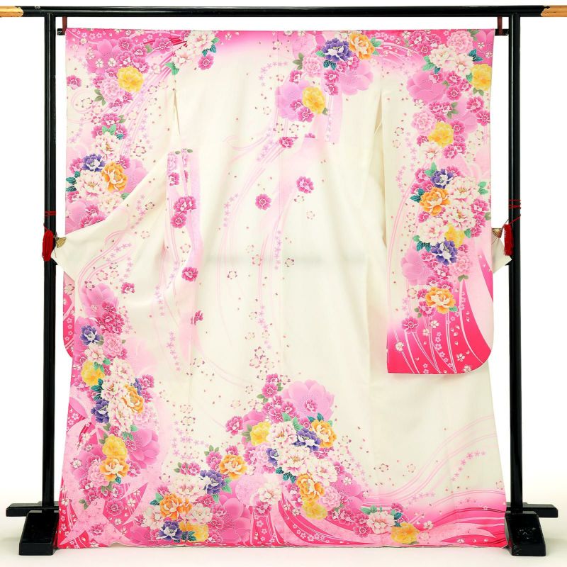 【中古品】仕立て上がり 振袖「リボン　花尽くし　オフホワイト　ピンク」貸衣装処分 レンタル処分品 成人式