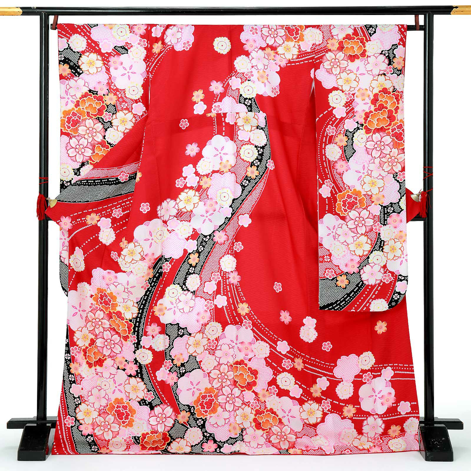 【中古品】仕立て上がり 振袖「流水に桜牡丹　赤」貸衣装処分 レンタル処分品 成人式