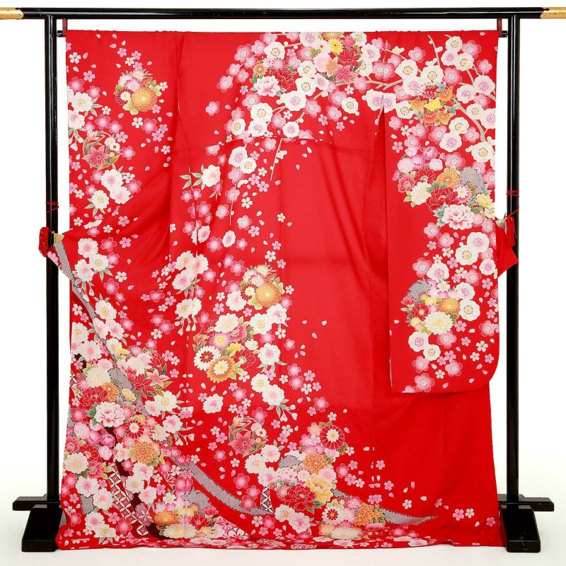 【中古品】仕立て上がり 振袖「花尽くしに熨斗 赤紅色」貸衣装処分 レンタル処分品 成人式