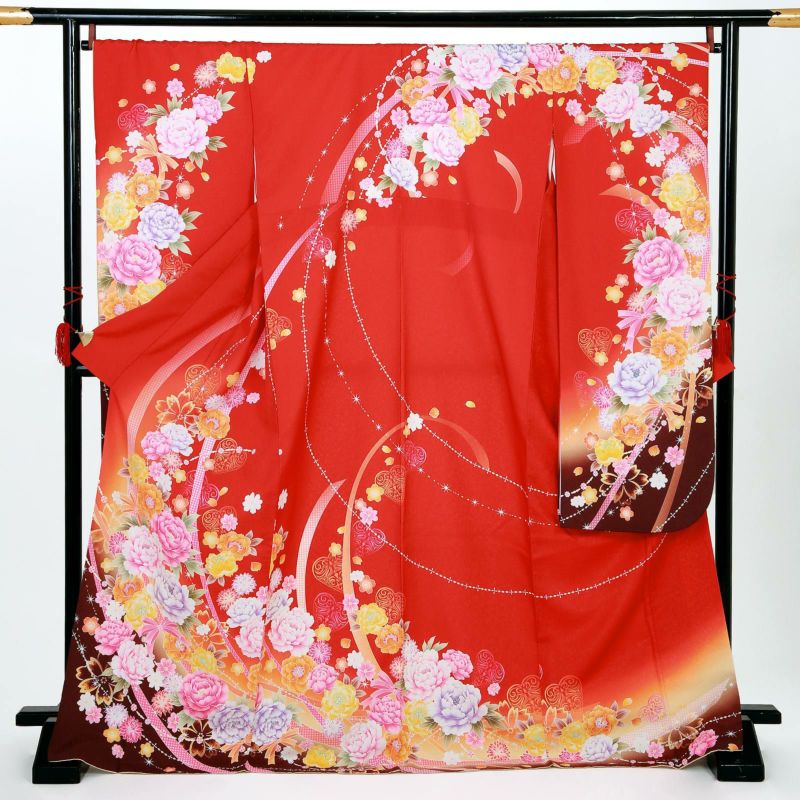 【中古品】仕立て上がり 振袖「リボンにバラと牡丹 」貸衣装処分 レンタル処分品 成人式