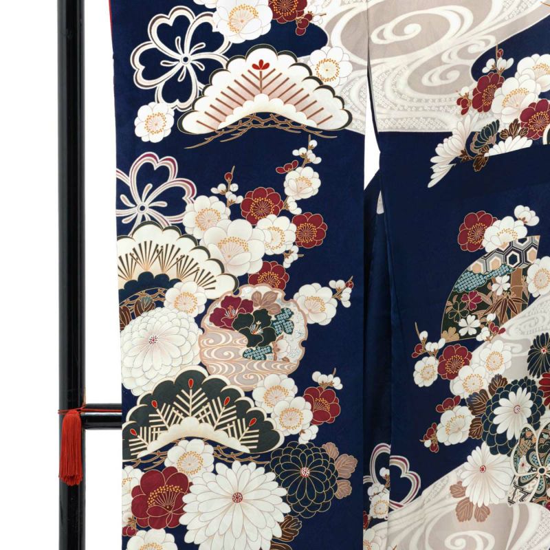 未仕立て 振袖 22点セット「濃紺 流水菊牡丹」仮絵羽 振り袖