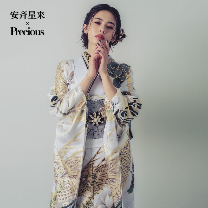 未仕立て 振袖 22点セット「Precious 白灰 桜に龍と荒波」仮絵羽