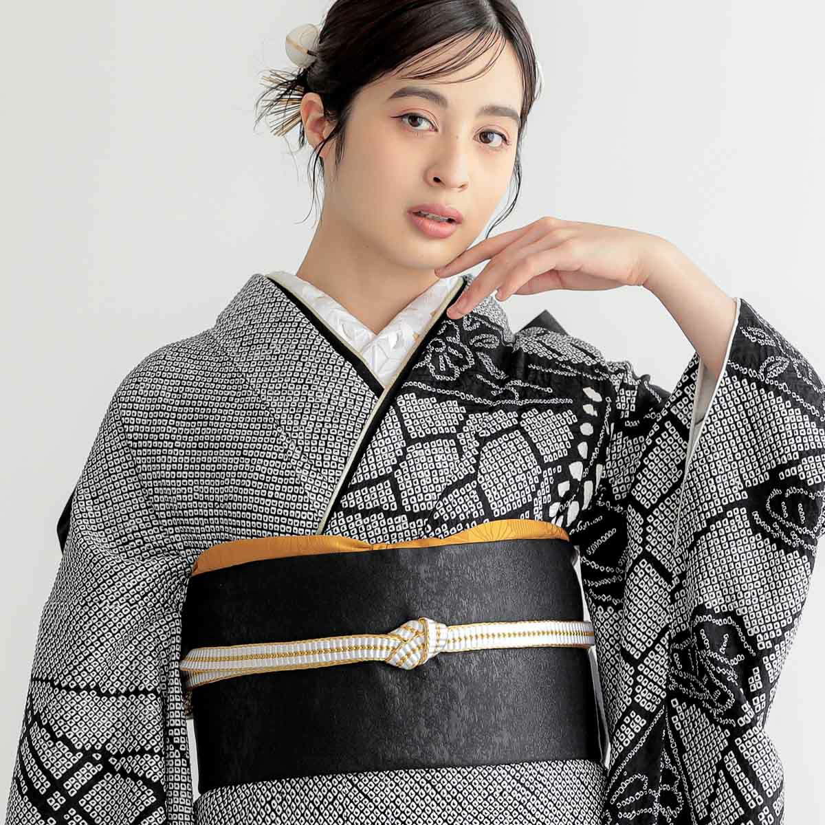 未仕立て 振袖 22点セット「総絞り 黒 熨斗に藤」仮絵羽 振り袖 正絹 