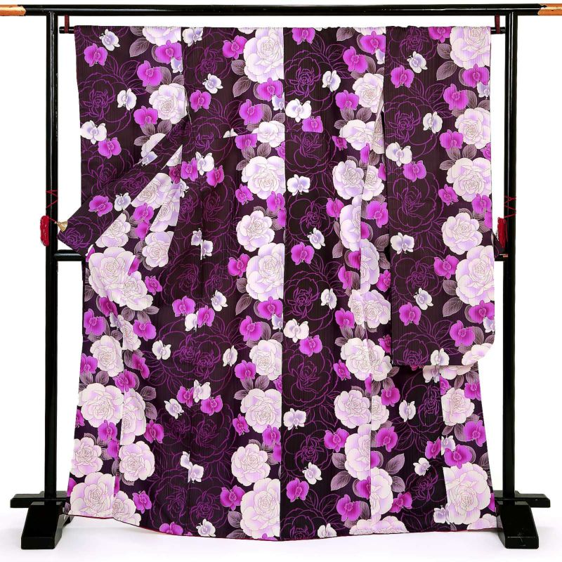 【中古品】仕立て上がり 振袖「バラ 胡蝶蘭 紫」貸衣装処分 レンタル処分品 成人式