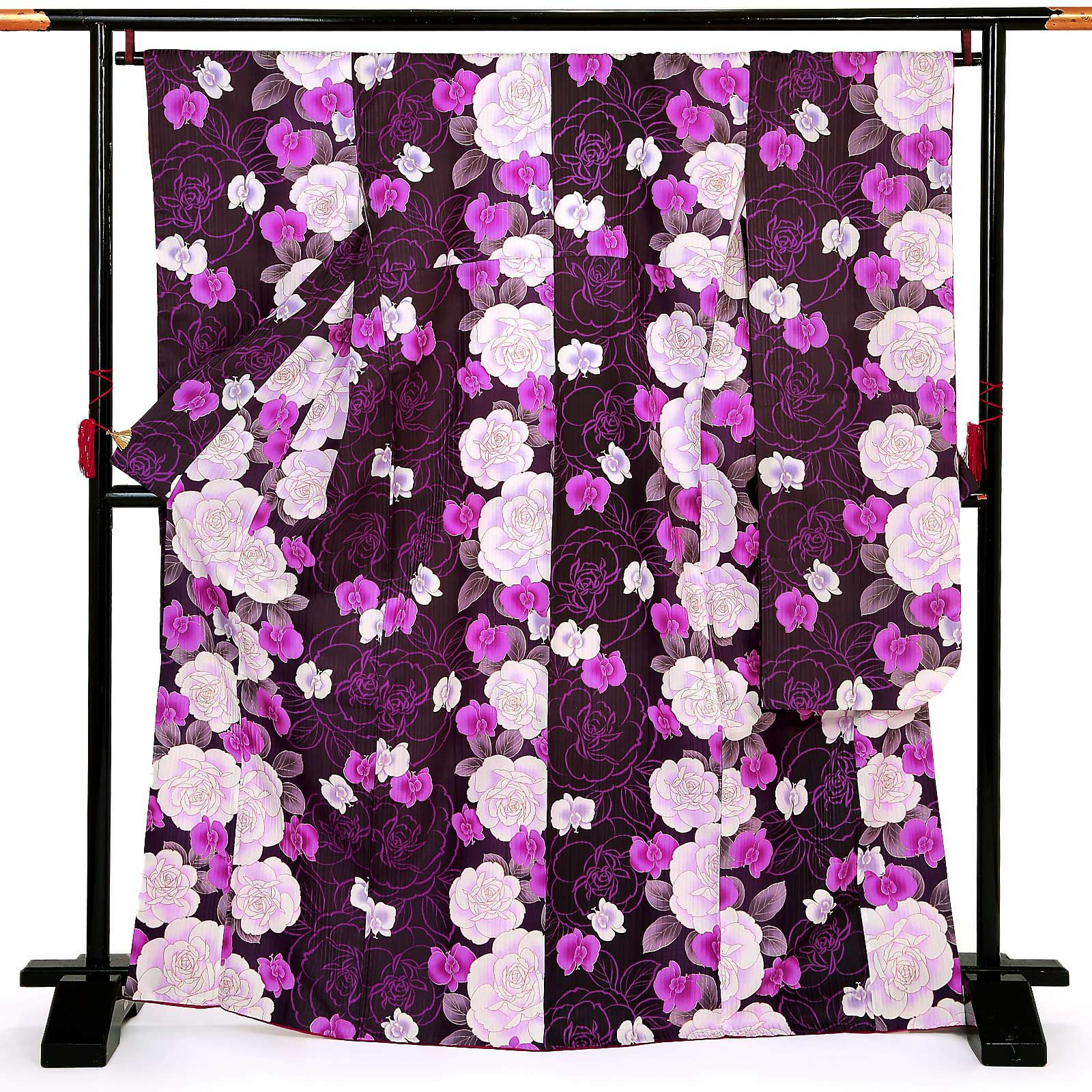 【中古品】仕立て上がり 振袖「バラ 胡蝶蘭 紫」貸衣装処分 レンタル処分品 成人式