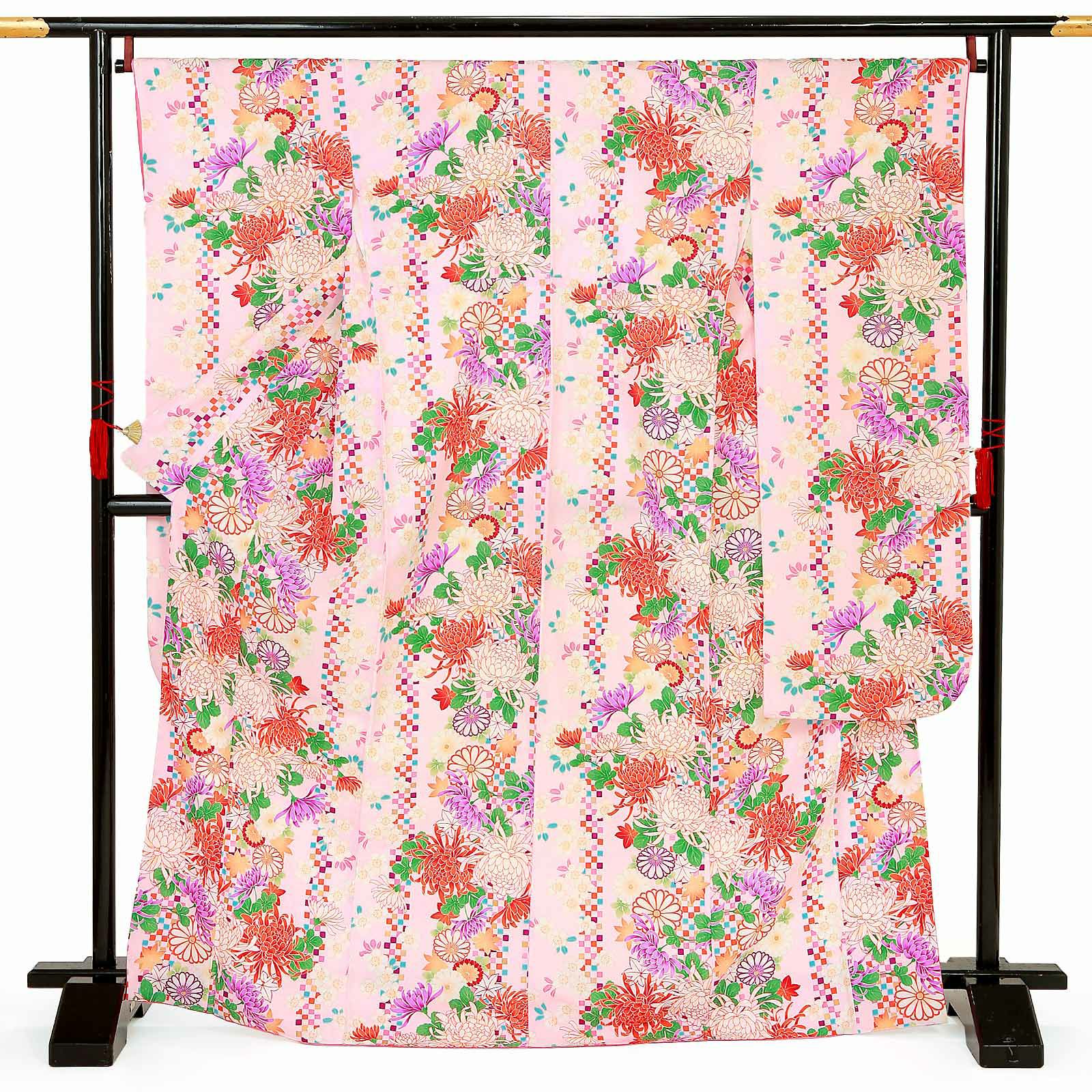 【中古品】仕立て上がり 振袖「桜地模様 糸菊 菊 楓 桜色」貸衣装処分 レンタル処分品 成人式