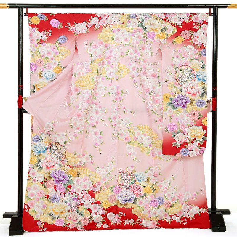 【中古品】仕立て上がり 振袖「雲取りに牡丹と桜 雪輪 鴇羽色」貸衣装処分 レンタル処分品 成人式