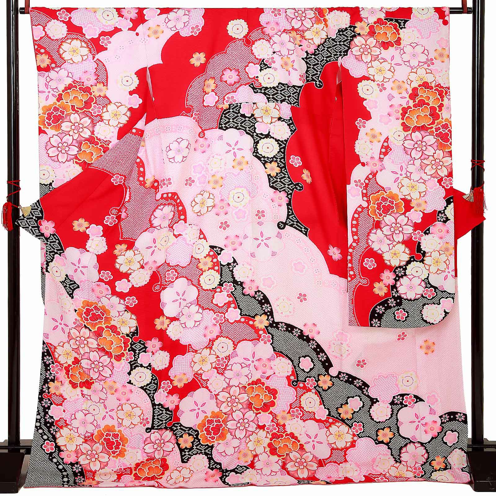 【中古品】仕立て上がり 振袖「雪輪に桜と牡丹 赤」貸衣装処分 レンタル処分品 成人式