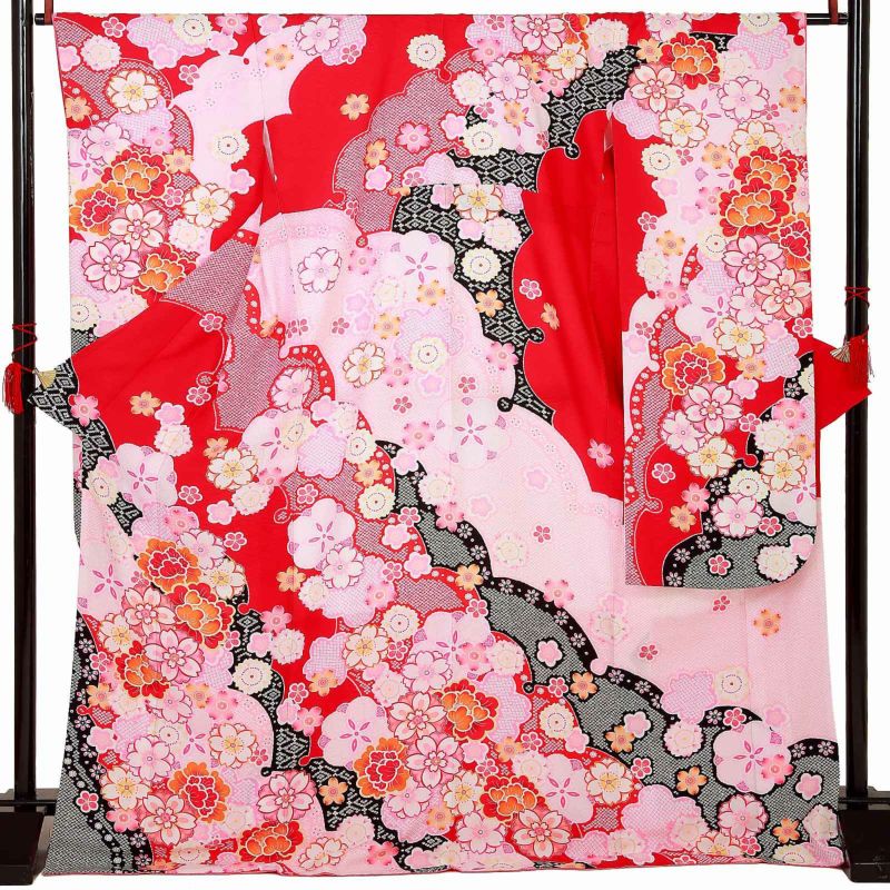 【中古品】仕立て上がり 振袖「雪輪に桜と牡丹 赤」貸衣装処分 レンタル処分品 成人式
