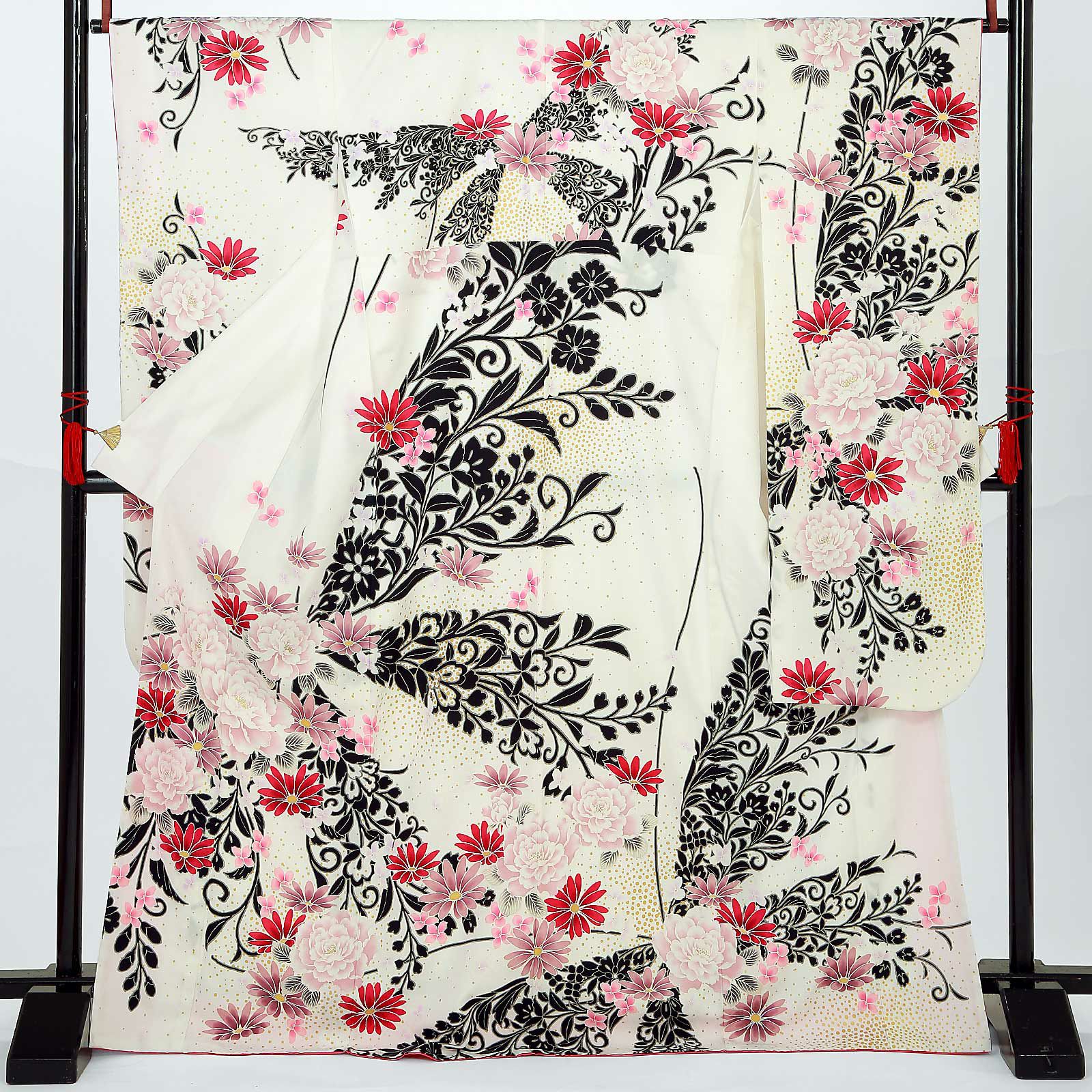 【中古品】仕立て上がり 振袖「芍薬 蝶に桐 オフホワイト」貸衣装処分 レンタル処分品 成人式