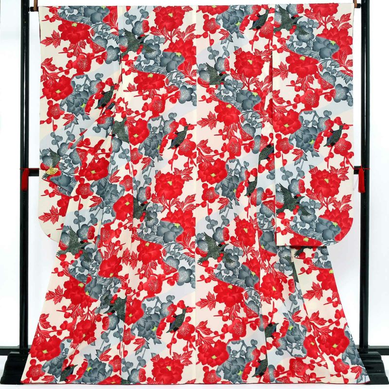 【中古品】仕立て上がり 振袖「小紋柄 梅と牡丹に小鳥 象牙色地に赤 グレー」貸衣装処分 レンタル処分品 成人式