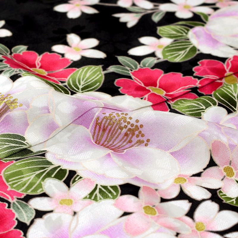 中古品】仕立て上がり 振袖「桃の花 黒」貸衣装処分 レンタル